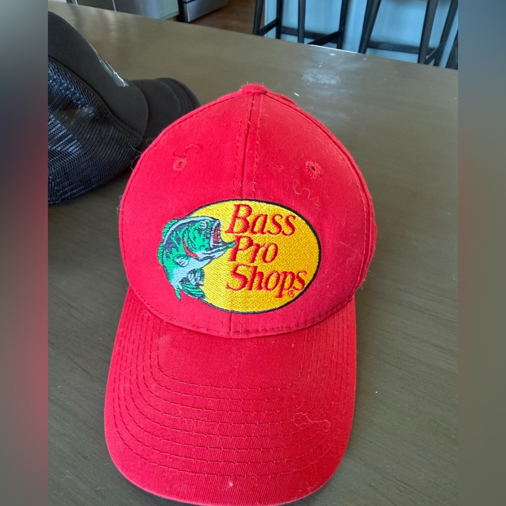 Bass Pro Shops Red Cap with Yellow Logo and Green Fish